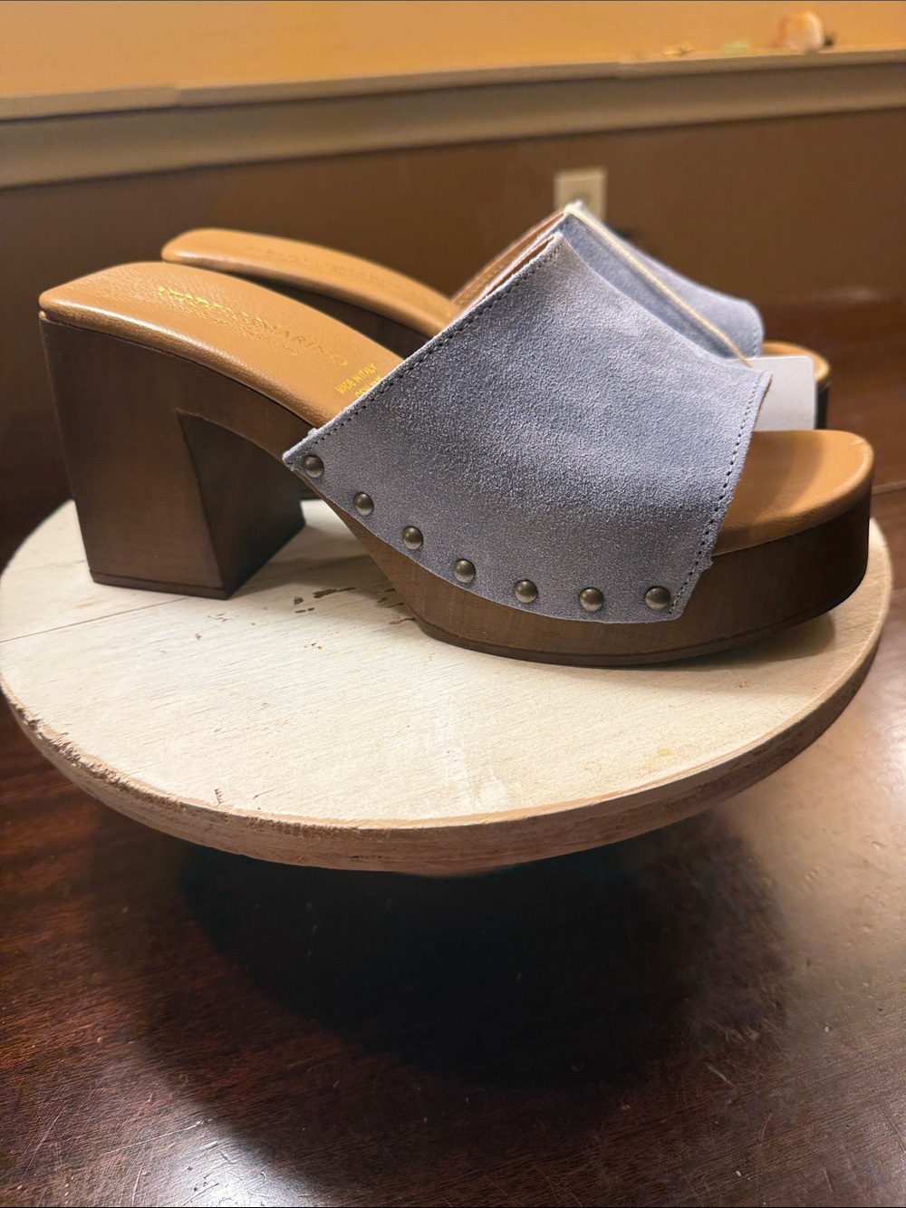 NWT Blue Suede Wood Clog Sandals Mules 8 Italy 70s Retro Verderosmarino $ 188💥